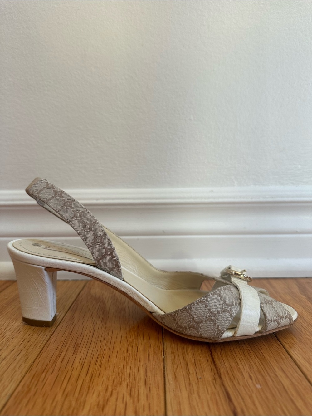 Celine Beige Patterned Slingback Heels with Gold Buckle